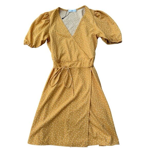 NWOT Women’s Mango MNG Yellow Polka Dot Bubble Short Sleeve Wrap Dress Size 6 - Picture 1 of 4